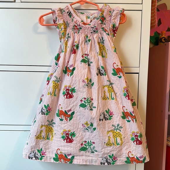 Baby Boden Other - Baby Boden Jungle Friends Pink White Striped Smocked Dress Size 3-4Y